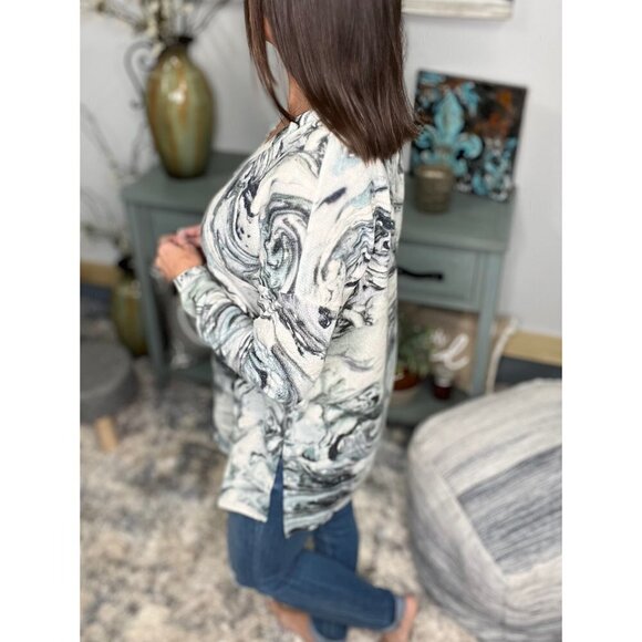 Floaty V Neck Textured Jacquard Marble Print Boxy Long Sleeve Ice Blue 3222 - Picture 8 of 14